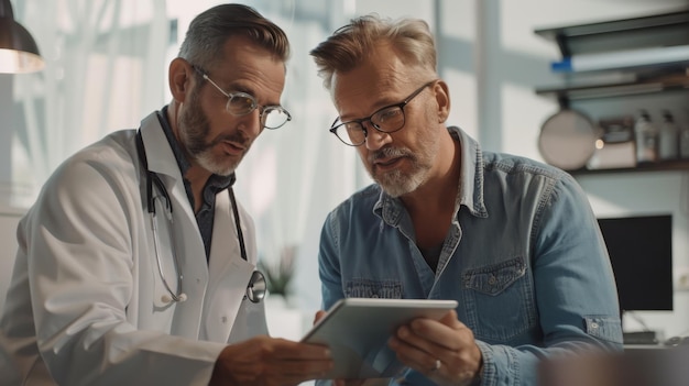 Photo doctor consulting patient with tablet