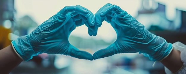 Photo doctor creating a heart shape with gloved hands in a hospital environment