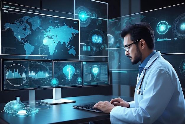 Doctor diagnose digital patient record on virtual medical network on Computing electronic medical record Digital healthcare and network connection interface Global health care Medical technology