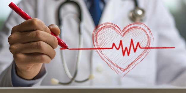 Photo the doctor draws a heart with a heartbeat line symbolizing the health of the cardiovascular system