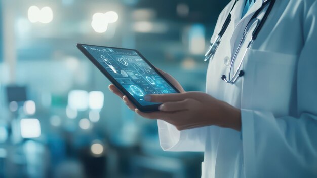 Photo a doctor engages with digital health records using a tablet illuminated by clinical lighting