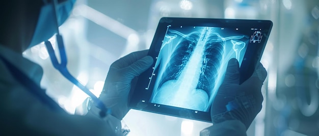 Doctor Examining Chest Xray on Digital Tablet in Hospital