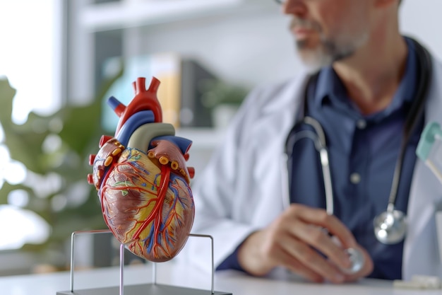 Doctor Examining Detailed Heart Model with Stethoscope in Modern Medical Clinic