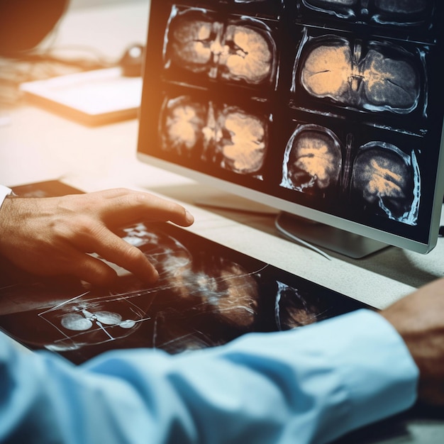 Doctor examining MRI images of a patient with multiple sclerosis at table in clinic closeup