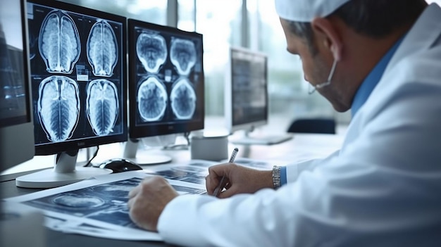 Doctor examining MRI images of a patient with multiple sclerosis at table in clinic closeup