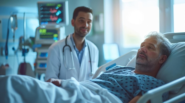 Doctor examining a patient in a hospital bed