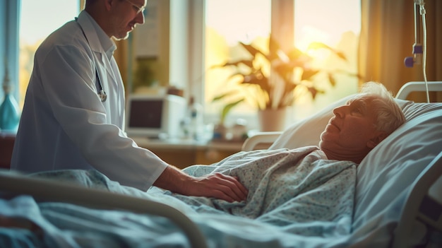 Doctor examining a patient in a hospital bed