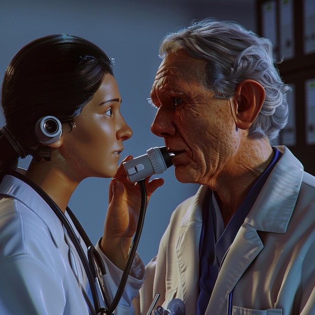 Photo a doctor examining a patients ear with an otoscope