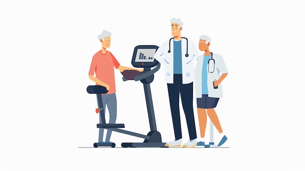 Photo doctor examining senior patient on exercise machine