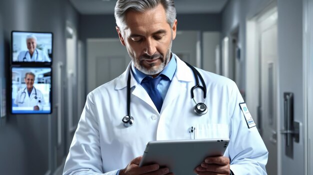 Photo doctor examining tablet in hospital hallway