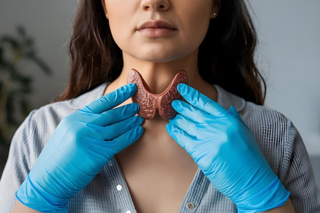 Photo doctor examining the thyroid of a patient