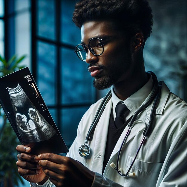 Doctor examining ultrasound image of infant during vision care appointment