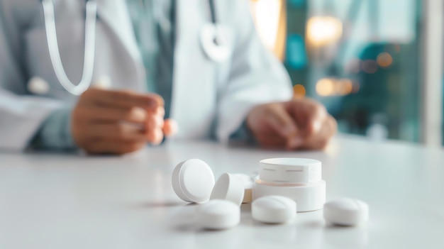 A doctor explaining the effects of antidepressant capsules to a patient in a modern clinic highlighting mental health treatment