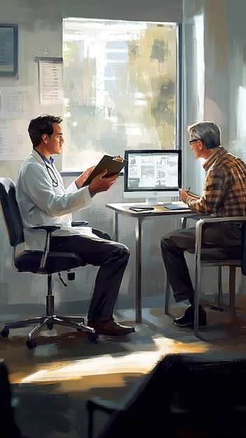 Photo doctor explaining test results to a patient while reviewing documents