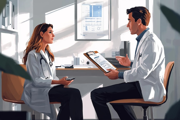 Photo doctor explaining test results to a patient while reviewing documents