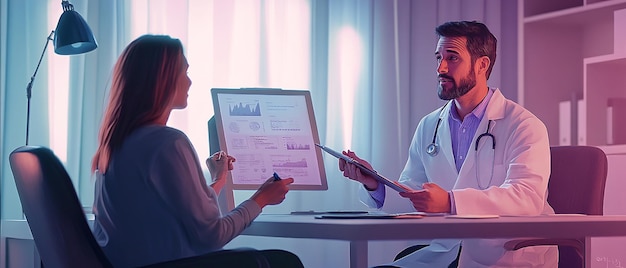 Photo doctor explaining test results to a patient while reviewing documents