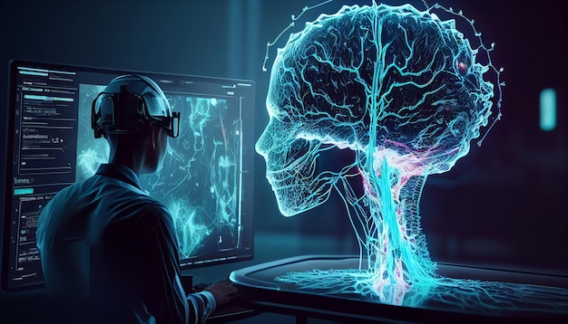 A doctor in the future uses advanced holographic scanning of a patient's brain cell disease and diagnostic scan AI Generative