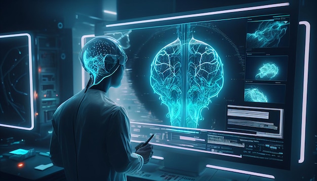 A doctor in the future uses advanced holographic scanning of a patient's brain cell disease and diagnostic scan AI Generative