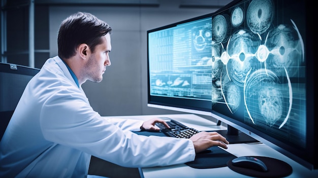 A doctor in the future uses advanced holographic scanning of a patient's brain cell disease and diagnostic scan AI Generative