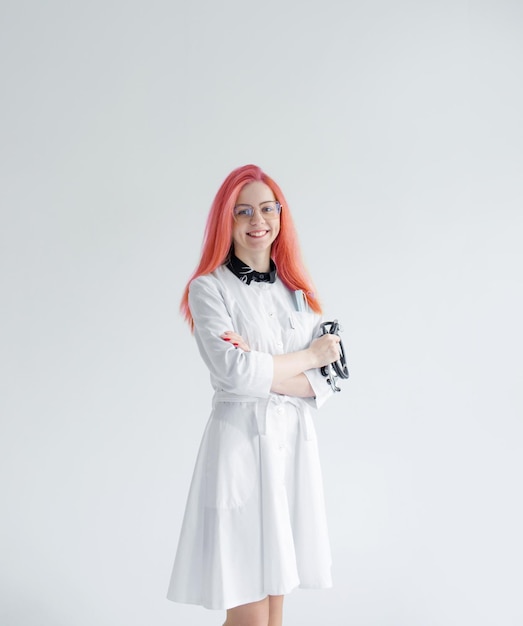 A doctor girl with red hair on a white background