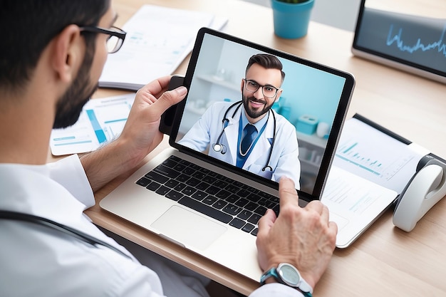 Doctor giving medical consultation by phone and video call