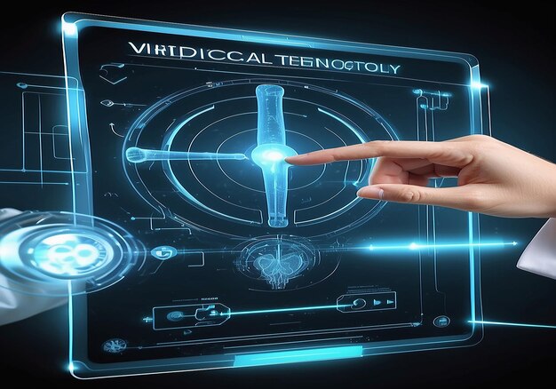 Photo doctor hand pushing button on virtual screen medical technology concept