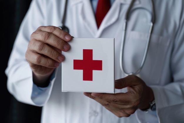 Doctor hand touching first aid sign Doctor hand touching first aid sign