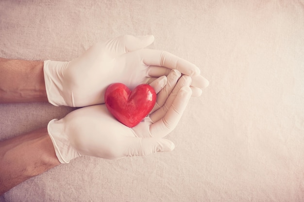 Doctor hands with gloves holding red heart, health insurance, donation concept