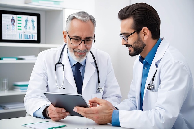 Doctor healthcare and medicine with a patient talking test results and progress on a tablet in a hospital clinic Trust help and medical consulting with a professional medicare worker in his