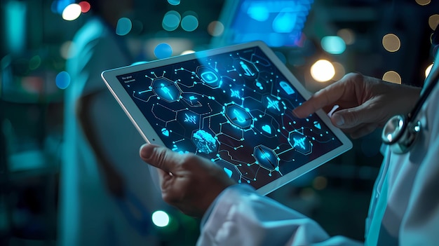 A doctor healthcare providers holding a tablet to checking data with medical symbols and stethoscope