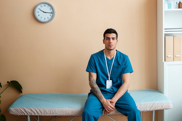 Doctor helping patient during rehabilitation