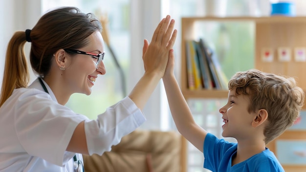 Photo doctor highfiving a patient in a clinic