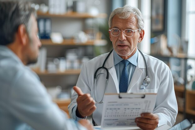 Photo doctor and his doctor talking to the patient in the style of use of paper softfocus technique loose