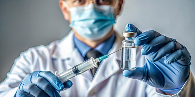 Photo doctor hold syringe and vial containing covid19 coronavirus vaccine ready for injection