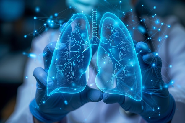 Photo doctor holding a 3d model of human lungs