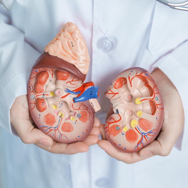 Doctor holding Anatomical kidney Adrenal gland model disease of Urinary system and Stones Cancer world kidney day Chronic kidney Urology Nephritis Renal and Transplant concept