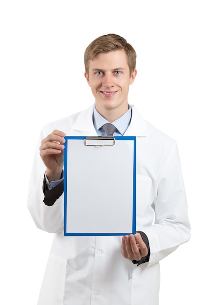 Doctor  holding a blank clipboard isolated