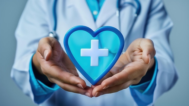 Doctor holding a blue heart with a medical cross symbol representing healthcare and support