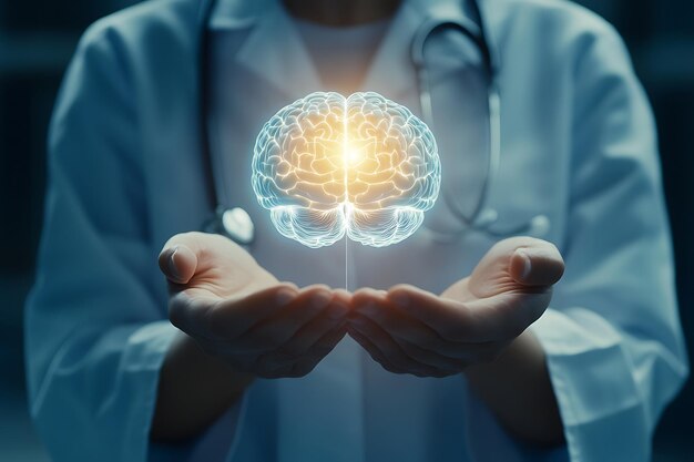 Photo doctor holding brain model empathetic light