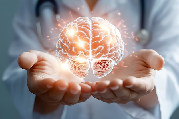 Photo doctor holding brain model light flare