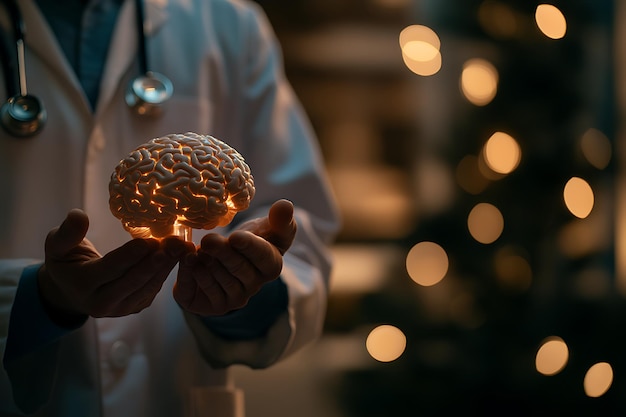 Photo doctor holding brain model subtle bokeh