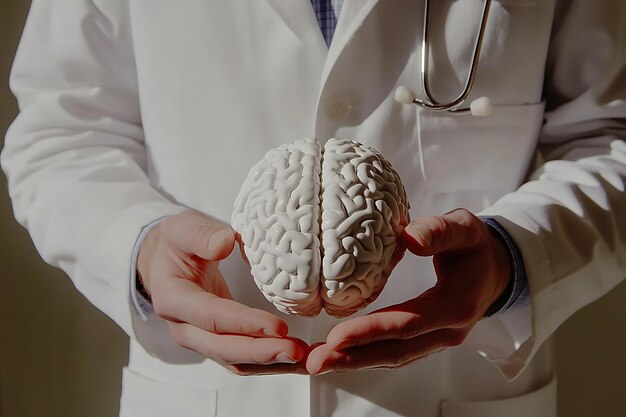 Photo doctor holding brain model subtle shadows