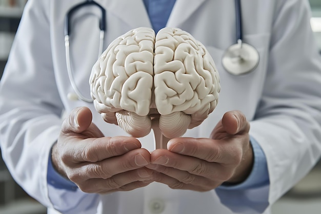 Photo doctor holding brain model supportive focus