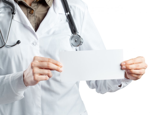 Doctor holding card with stethoscope isolated