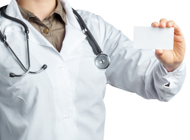 Doctor holding card with stethoscope isolated