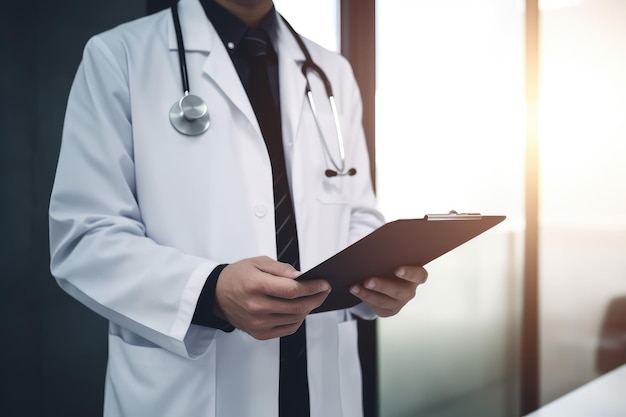 A doctor holding a clipboard in front of a window