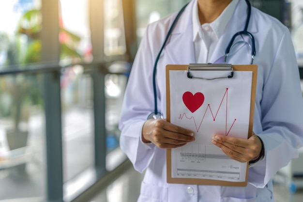 Doctor Holding Clipboard With Heartbeat Illustration in a Clinical Setting