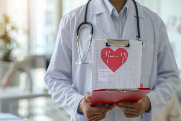 Doctor Holding Clipboard With Illuminated Heartbeat Illustration in a Hospital Setting