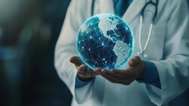 Photo doctor holding a digital globe representing global healthcare