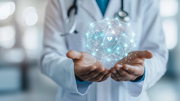 Photo doctor holding a digital globe with a heart symbol